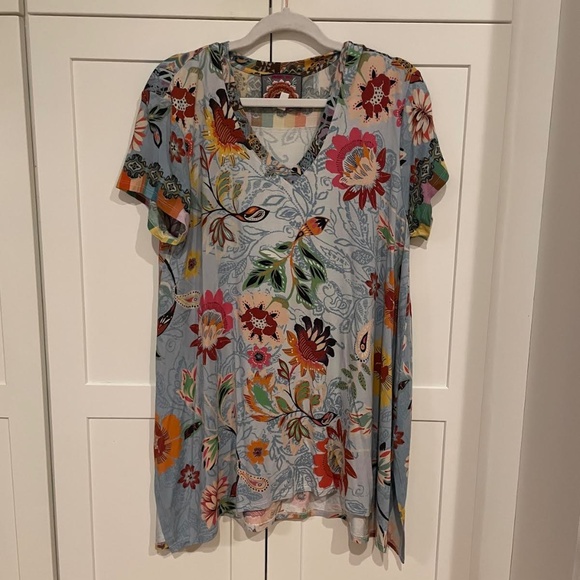 Johnny Was Tops - Johnny Was Blue Tunic Top Size Large with multicolor floral design